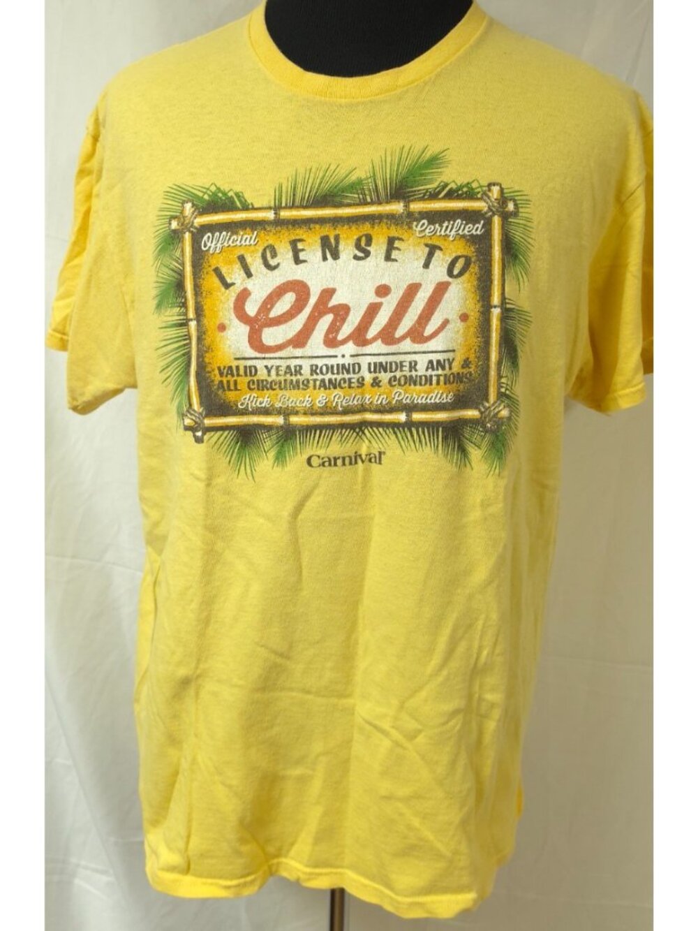 Vtg Carnival License To Chill Graphic Yellow Delta Pro Weight T-Shirt Sz XL
